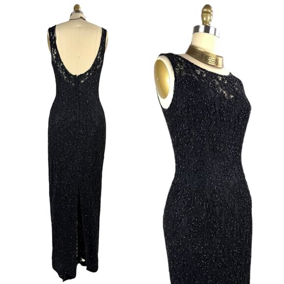 Vintage CARMEN MARC VALVO runway black lace glass beaded evening gown SIZE 4 - Picture 2 of 16